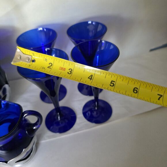 Lot Vintage Farber Bros Cobalt Blue Glass Ice Bucket, Creamer Art Deco 4 Glasses - Picture 12 of 16